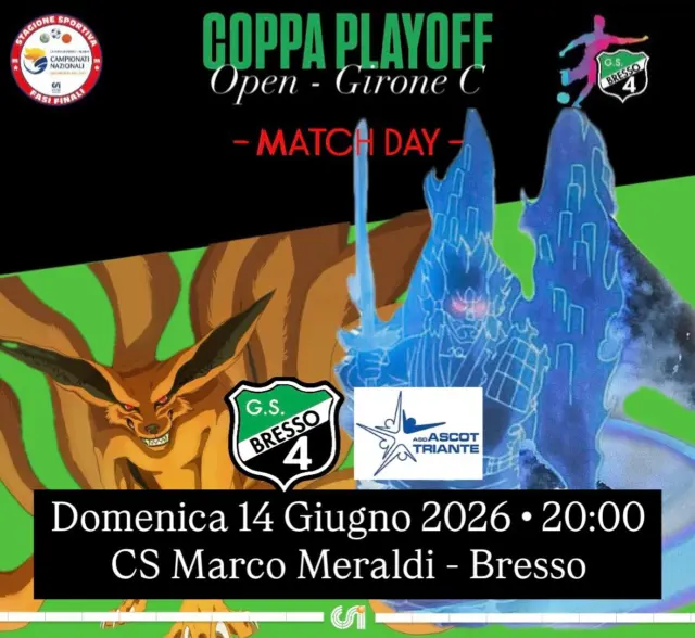 Ultimo turno di campionato per i nostri Open Eccellenza che scendono in campo contro l’Ascot Triante nella partita valida per la 8ª giornata del girone di ritorno del torneo Coppa Playout CSI - Open Eccellenza, girone A.

Appuntamento per domenica 14 giugno 2026 alle ore 20:00 presso il Centro Sportivo Marco Meraldi a Bresso

#sempreesolobresso4
#noisiamobresso
#verdenero
#openeccellenza
#coppaplayout