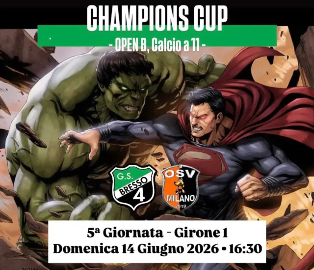 Tornano in campo i ragazzi di mister Gianni Adelfio Mandelli che affrontano la formazione del OSV Milano nella partita valida per il recupero della 5ª giornata del girone di andata del torneo Champions Cup - Open B CA11, girone 1

Appuntamento per domenica 14 giugno 2026 alle ore 16:30 presso il centro sportivo Deledda a Bresso

#sempreesolobresso4
#noisiamobresso
#verdenero
#openb
#championscup