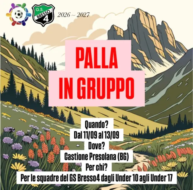 Quest’anno il GS Bresso4 ha il piacere di proporre la fantastica esperienza del Camp PreCampionato! Un esperienza unica nel suo genere! Dal 11/09 al 13/09, a Castione Presonala (BG) per tutte le squadre verdenero dagli Under 10 agli Under 17! Vogliamo far conoscere sempre di più ai ragazzi la bellezza dello Sport del calcio, incrociando la pratica dell’attività ludico-sportiva con i concetti di gioco all’aria aperta e dello stare insieme, attraverso un momento in cui tutti saranno i protagonisti attivi. Vogliamo iniziare INSIEME l’anno sportivo, e così avvicinarci ai veri valori del gioco e dello sport, scoprendo la bellezza dell’essere in un gruppo.

Quota di partecipazione, da versare entro il 07/08/2026 di euro 90,00 (a
persona) tramite bonifico bancario 
IBAN IT83W0306909606100000011974,
intestato a GS BRESSO4. La quota comprende: pensione completa, tornei e animazione! 

#bresso4xsempre 
#squadroneverdenero
#newseason
#campprecampionato