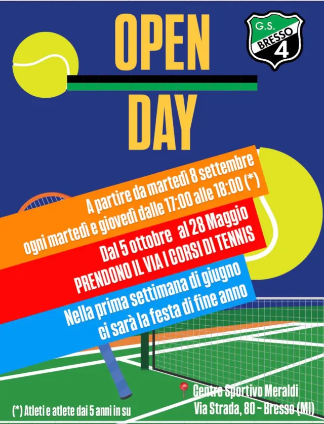 🎾 OPEN DAY TENNIS 🎾

Prendete carta e penna! Ci sono parecchie date da segnare!

⏰ da martedì 8 settembre, ogni martedì e giovedì dalle ore 17:00 alle ore 18:00 c’è l’Open Day Tennis riservato ad atleti e atlete dai 5 anni in su 

⏳ Dal 5 Ottobre fino al 28 Maggio, ci saranno i corsi di tennis 

🔥 La prima settimana di giugno ci sarà la grande festa di fine anno sportivo 

VI ASPETTIAMO! 💚🖤

#bresso4xsempre 
#season2627
#tennis 
#openday