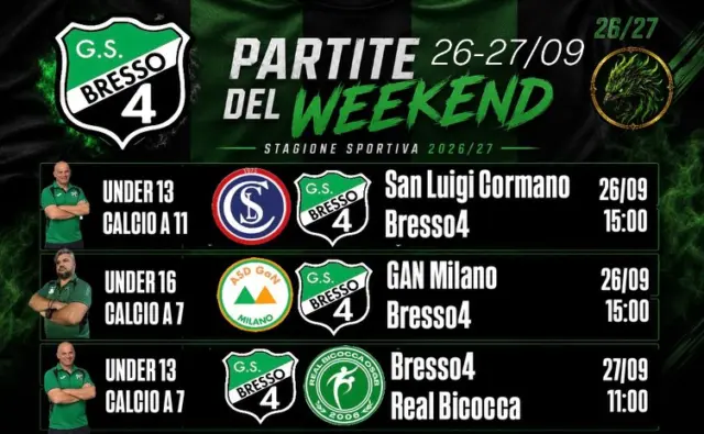 Weekend di amichevoli prima dell’inizio del campionato invernale @csimilano 26/27 per le nostre squadre! Iniziano i nostri Under 13 che affrontano i padroni di casa del @sanluigicormano alle ore 15:00 di sabato 26/09, sul campo a 11. Stesso orario e data, per i nostri Under 16 che affrontano in trasferta la formazione del @asgan.milano. Domenica iniziano ancora gli Under 13, sul campo a 7, che ospitano la formazione del Real Bicocca alle ore 11:00. A seguire, i nostri Under 15 ricevono la formazione del @sanmartino.asd alle ore 16:00. Alle ore 18:00, scendono in campo i nostri Open/B contro la formazione del @asdtntprato. A chiudere la giornata di amichevoli, i nostri Open CAL11 che in trasferta alle ore 18:30 affrontano i padroni sfi casa del @usorionemilano 

AKA BRESSO4

#bresso4xsempre 
#season2627
#testmatch