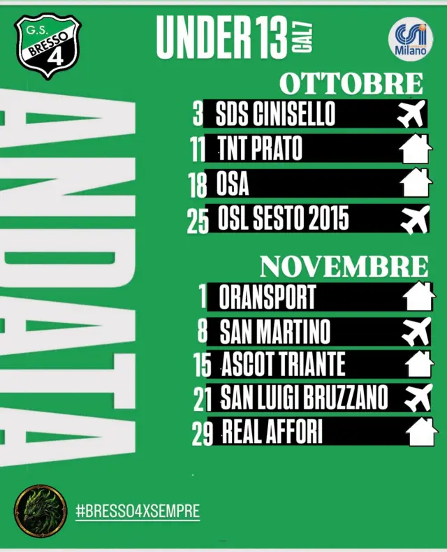Ecco il calendario dettagliato, partita per partita, per i ragazzi di mister Daniele Lionetti che vengono sorteggiati nel girone G del campionato invernale 26/27 @csimilano - Under 13, calcio a 7! Un nuovo allenatore per questa nuova grande sfida! Tecnica, talento, costanza e determinazione! Forza!

AKA BRESSO4

#bresso4xsempre 
#season2627
#under13