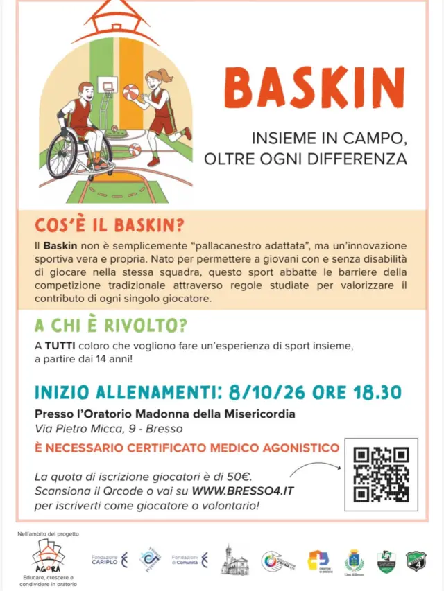 ⚠️🚨 Se vuoi conoscere il Baskin, sport innovativo e inclusivo, non perderti gli appuntamenti di prova gratuita! Da giovedì 8 ottobre iniziano gli allenamenti!
Cosa aspetti? 🏀⛹️‍♀️⛹️

Inquadra il QRCode per iscriverti!!

Si cercano non solo atleti con disabilità ma anche “partner” per giocare assieme, essendo il baskin uno sport integrato! Vi aspettiamo!

#bresso4xsempre
#season2627
#baskin