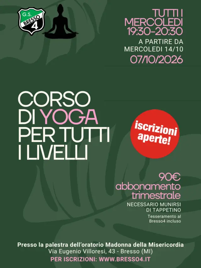 Dopo il successo della serata di prova, le iscrizioni al corso di yoga sono ufficialmente aperte! É possibile iscriversi tramite form che si trova sul sito, seguendo le indicazioni per il corso!
🧘 

VI ASPETTIAMO

#bresso4xsempre 
#yoga