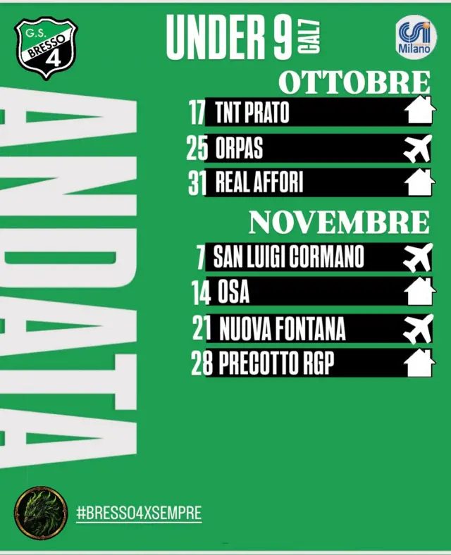 Nel dettaglio il calendario della squadra guidata dalla coppia Marco Corradini e Lorenzo Rossetti, due ragazzi dal cuore verde nero! I loro piccoli Under 9 sono stati sorteggiati nel girone H del campionato invernale 26/27 @csimilano! Forza!

#bresso4xsempre 
#season2627
#under9