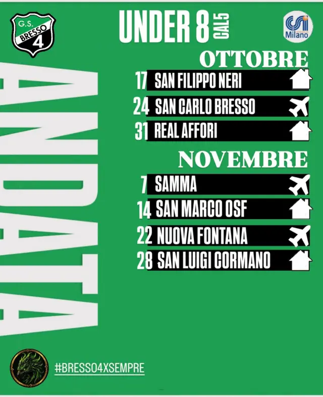 Nel dettaglio, ecco il calendario dei nostri piccoli Under 8. La squadra di mister Pasqualino Maraldi è stata sorteggiata nel girone E del campionato invernale 26/27 @csimilano! In bocca al lupo!

#bresso4xsempre 
#season2627
#under8
