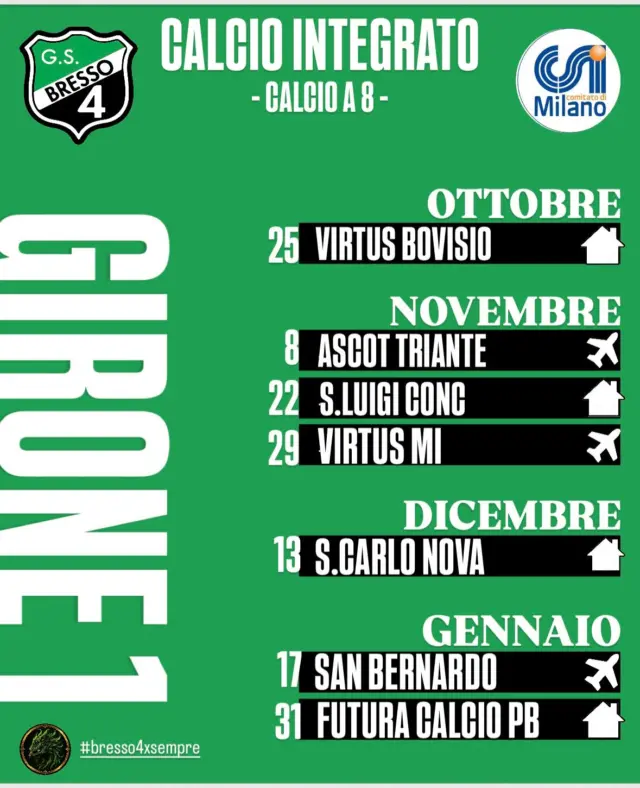 Ecco il calendario dei nostri ragazzi del Calcio Integrato che prendeva il via il 25 ottobre! Un grande in bocca al lupo ai ragazzi di mister Vittorio Merenda 

#bresso4xsempre 
#season2627
#calciointegrato